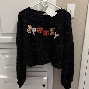 Women's Black 'Spooky' Fuzzy Crewneck Sweater